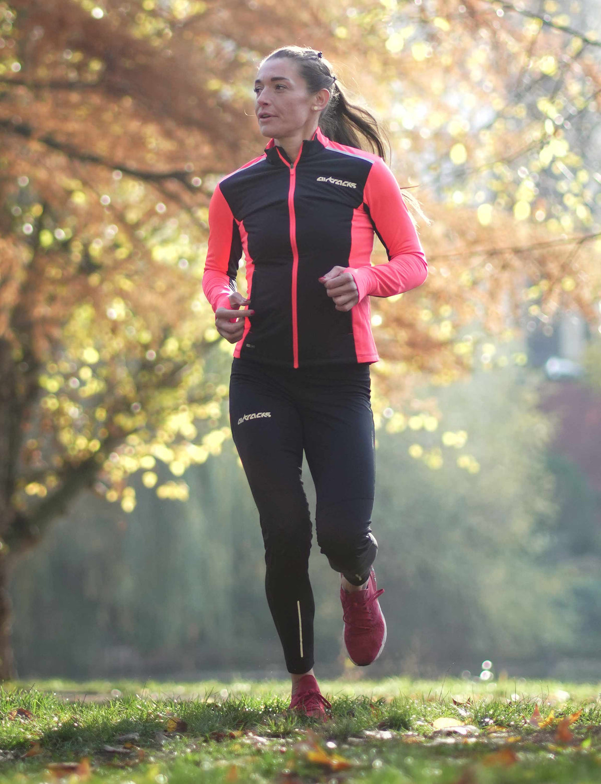 Damen Winter Thermolaufset Pro Line Laufshirt Langarm + Laufhose Lang Schwarz Rot
