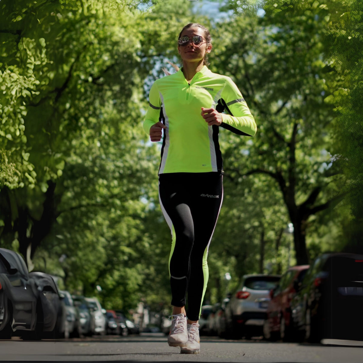 AirTracks vrouwen thermische functie loopt set lopende broeken strak lang + thermo functioneel hardloop shirt lang -Sleeved -black -neon