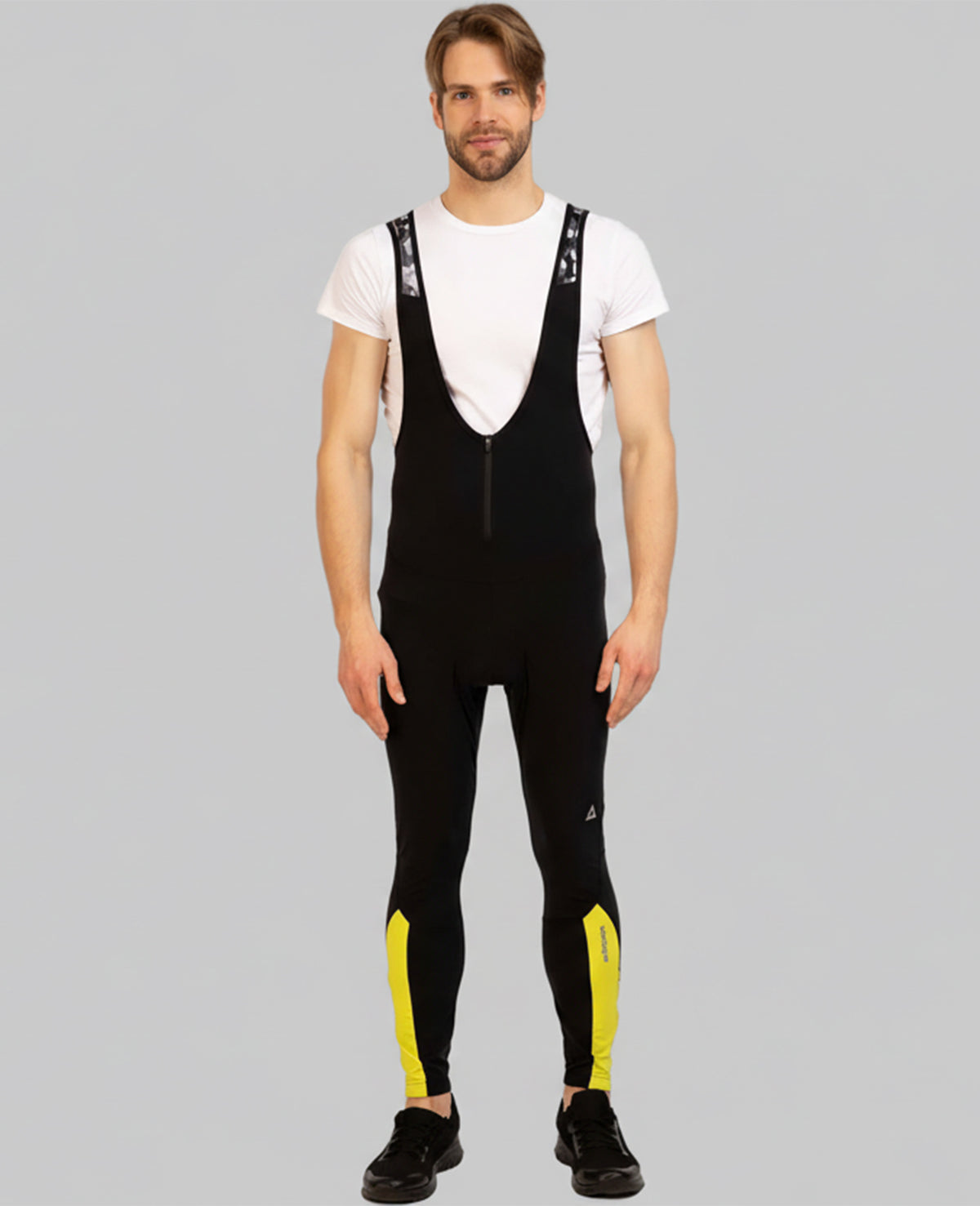 Herren Winter Fahrradhose Lang mit Trägern Pro Team - Fleece Thermoradhose Schwarz-Neon