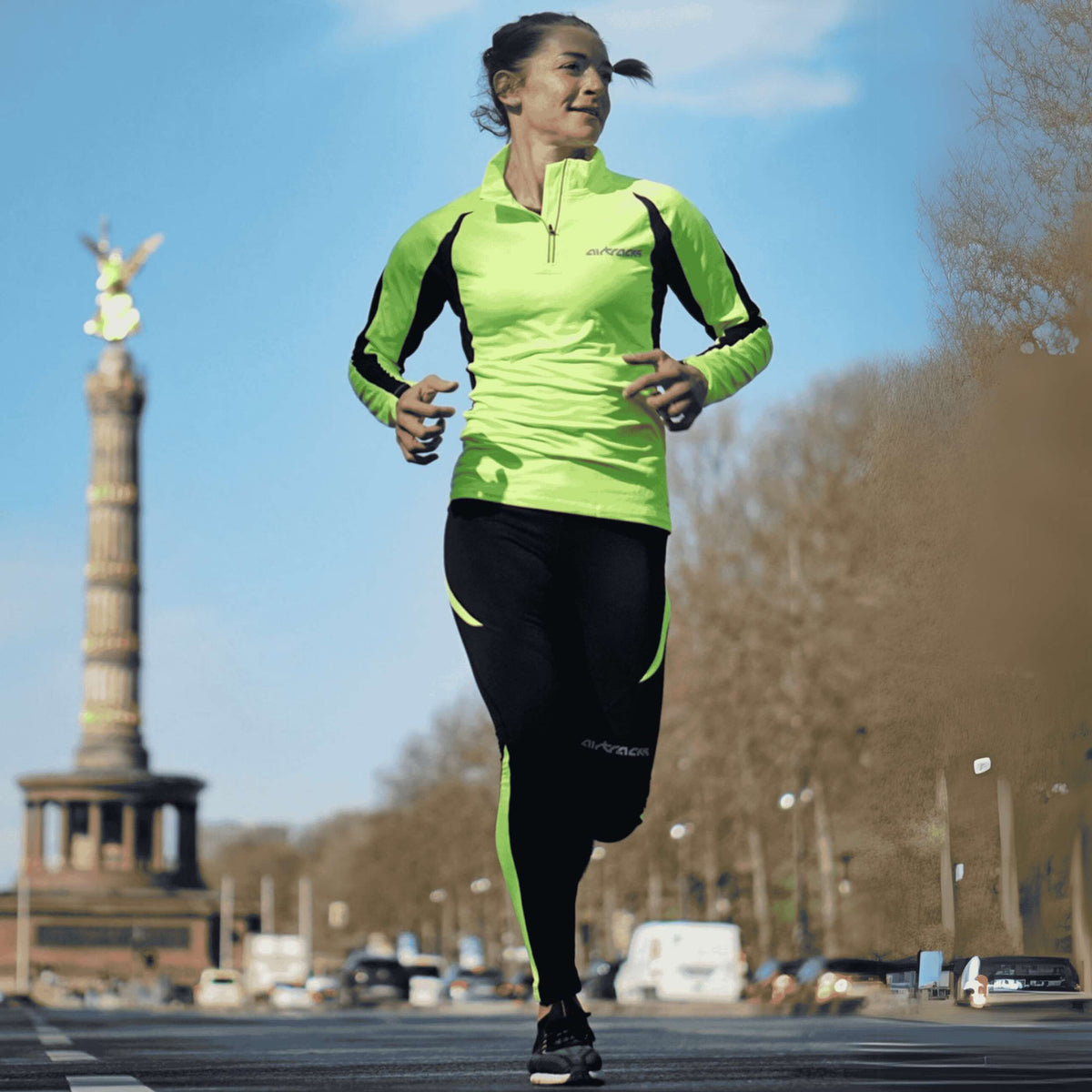 Damen Winter Laufset Thermo Laufshirt Langarm Pro + Thermo Laufhose Lang  Pro - Schwarz-Neon