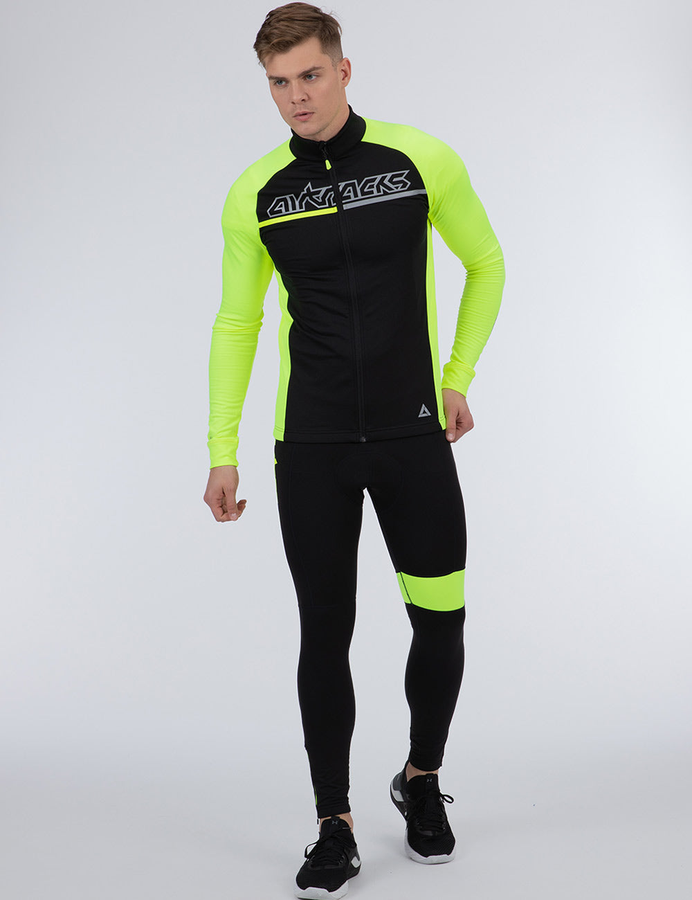 Conjunto de invierno de maillot térmico para hombres (2 piezas) maillot de equipo Pro de manga larga + pantalón de tirantes largo - DC-Bundle neón negro